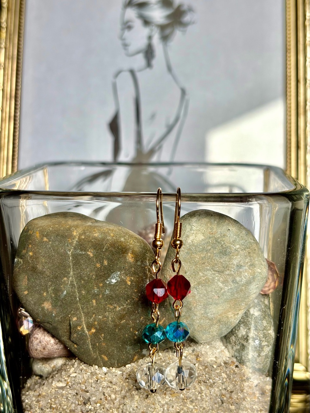 Handmade Gold-Tone Crystal Drop Earrings in Red, Blue & Clear